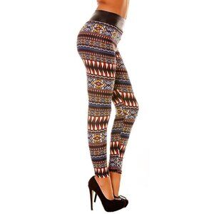 NWT Geometric Aztec Ethnic Boho Print Faux Leather Waist Multicolor Leggings